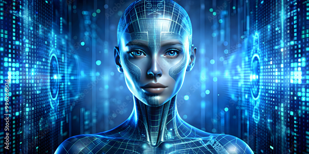 of a female artificial intelligence in computer code, science fiction, technology, futuristic, AI, virtual reality, digital, computer of a female artificial intelligence in computer code, science fiction, technology, futuristic, AI, virtual reality, digital, computer