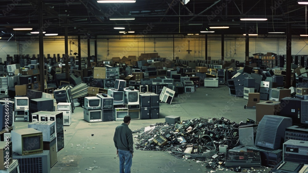 Obraz premium A large warehouse filled with rows of old electronic components and devices, evoking a sense of obsolescence and technological history.