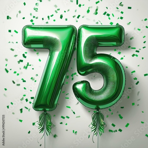 Green birthday / anniversary balloon, number 75, white background with confetti photo