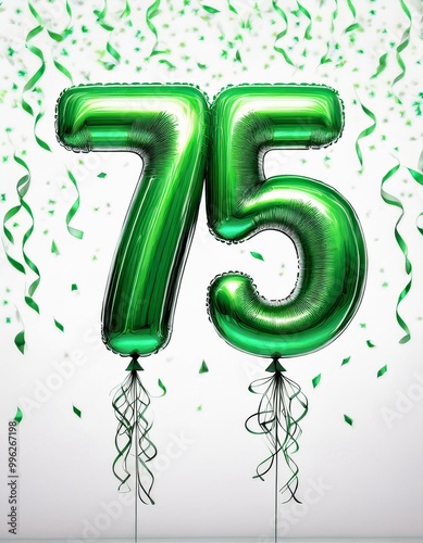 Green birthday / anniversary balloon, number 75, white background with confetti