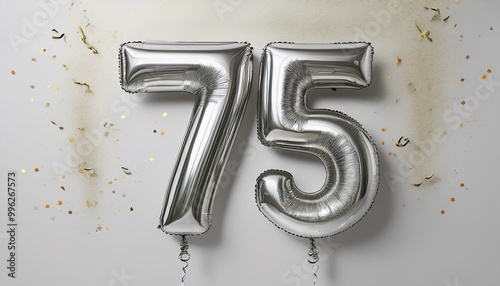 Silver birthday / anniversary balloon, number 75, white background with confetti photo