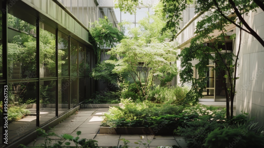 Lush green courtyard with abundant plants and trees, flanked by modern glass buildings, evokes a refreshing escape into urban nature. Lush green courtyard with abundant plants and trees, flanked by modern glass buildings, evokes a refreshing escape into urban nature.