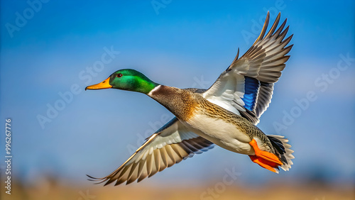 A graceful duck in mid-flight against a clear sky , wildlife, waterfowl, bird, flying, wings, feathers, elegance, nature, air