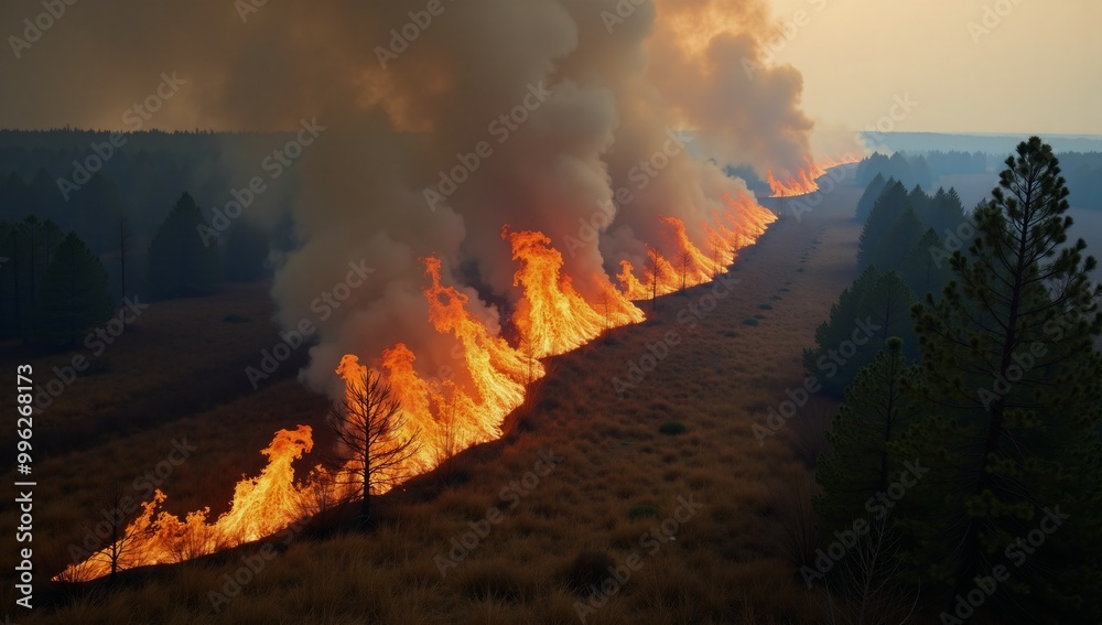 Fototapeta premium Aerial perspective showcasing a panoramic view of forest fires engulfing dry grass and bushes with blazing flames