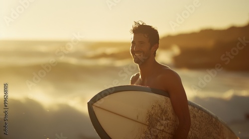 A cheerful surfer with his board at sunset; his smiling face and the warm golden tones capturing the joy and freedom of the moment by the ocean.