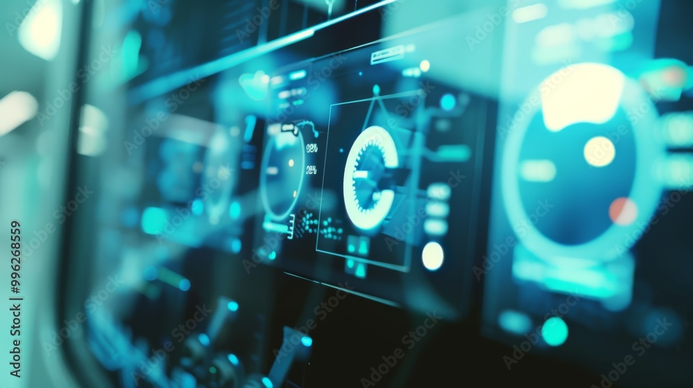 Abstract high-tech interface with glowing digital screens displaying futuristic data and graphics in hues of blue. Abstract high-tech interface with glowing digital screens displaying futuristic data and graphics in hues of blue.