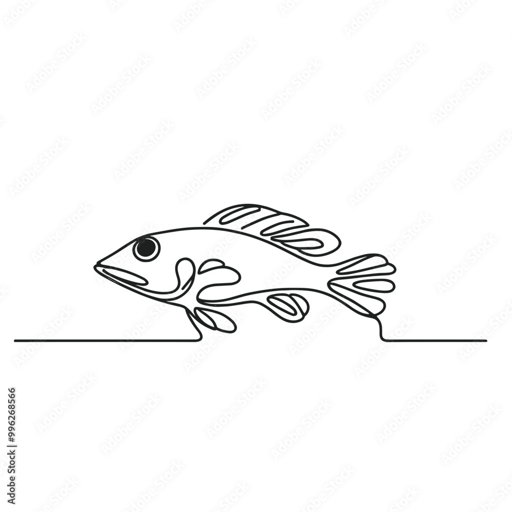 A fish is swimming in a line. The fish is black and white. The line is drawn in a single stroke A fish is swimming in a line. The fish is black and white. The line is drawn in a single stroke