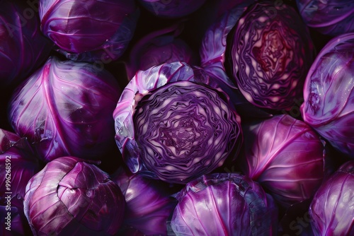 An artistic display of purple cabbages with beautiful, intricate patterns in varying hues of violet and magenta, creating a vibrant and eye-catching composition. photo