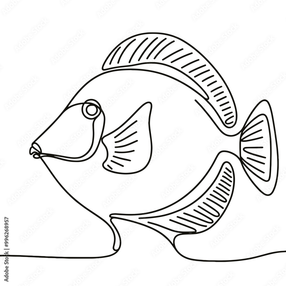 A fish is drawn in black and white. The fish is swimming in the water. The fish is small and has a long tail A fish is drawn in black and white. The fish is swimming in the water. The fish is small and has a long tail