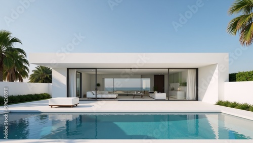 Stylish modern cubic villa with pool and palms generated from stock imagery
