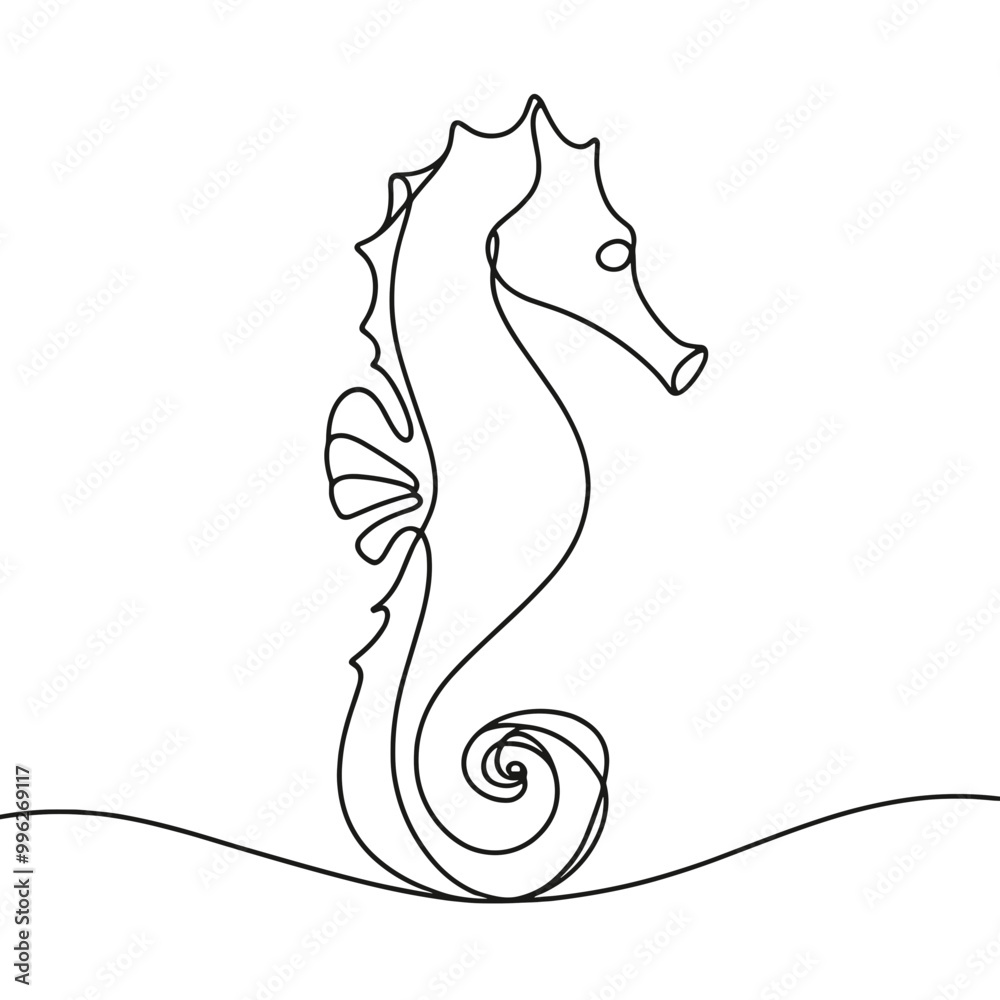 A seahorse is drawn in a black and white style. The seahorse is standing on a sandy beach A seahorse is drawn in a black and white style. The seahorse is standing on a sandy beach