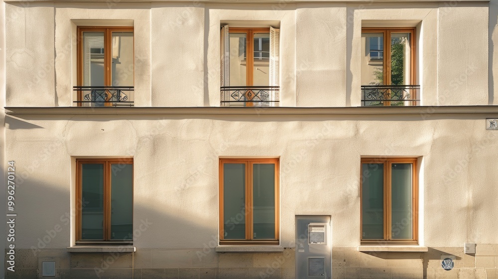 Modern Parisian building, complete wall with windows and doors, sunny afternoon, tranquil urban environment, no people around. Modern Parisian building, complete wall with windows and doors, sunny afternoon, tranquil urban environment, no people around.