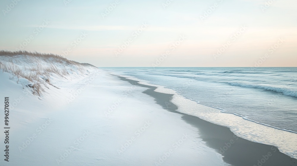 A calm winter beach with snow on the dunes and icy waves lapping at the shore, under a pale blue sky A calm winter beach with snow on the dunes and icy waves lapping at the shore, under a pale blue sky