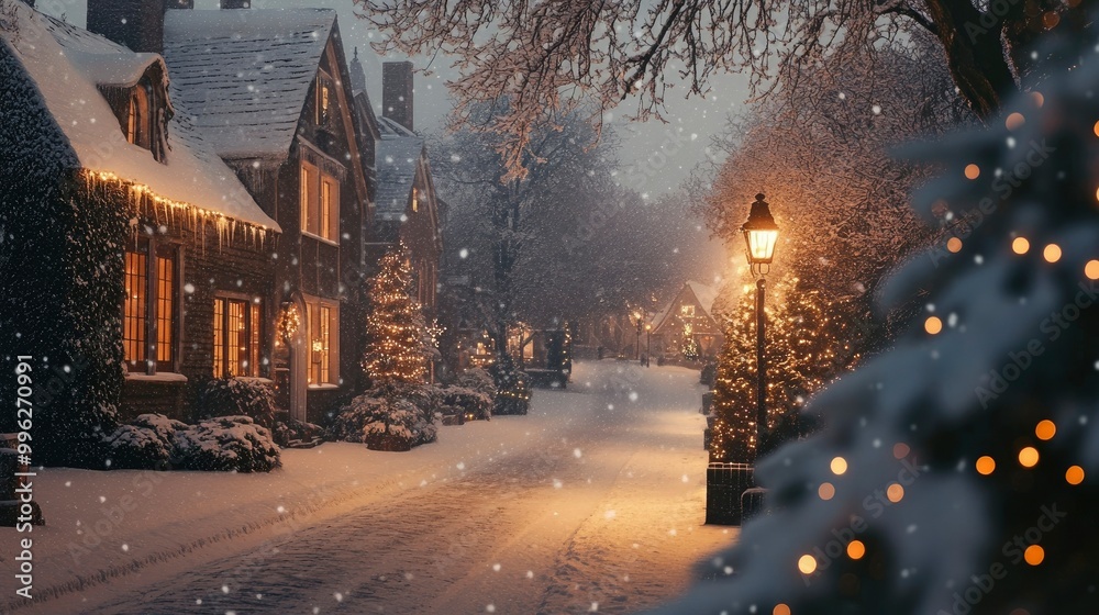 Snow gently falling over a peaceful village street, with holiday lights glowing in windows and frosty trees lining the sidewalks. Snow gently falling over a peaceful village street, with holiday lights glowing in windows and frosty trees lining the sidewalks.