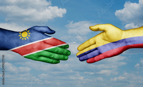 Colombia and Namibia country handshaking with flags, consensus concept international co-operation illustration