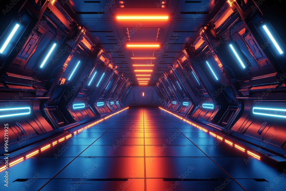 Futuristic Sci-Fi Corridor with Orange and Blue Neon Lights Futuristic Sci-Fi Corridor with Orange and Blue Neon Lights