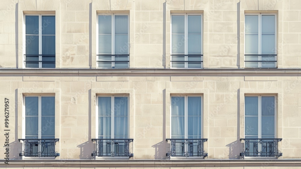 Modern Parisian building facade, minimalist design, complete wall with windows and doors, sunny afternoon light, serene atmosphere, no people around.