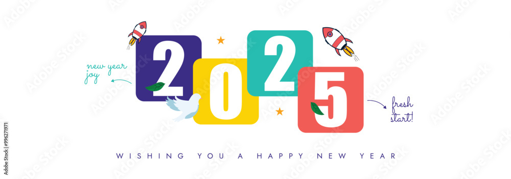 2025 New year cover banner. Happy new year 2025 celebration cover banner, post with 2025 written in colourful blocks, spaceships flying. Arrows with text: fresh start, new year joy. Template design.