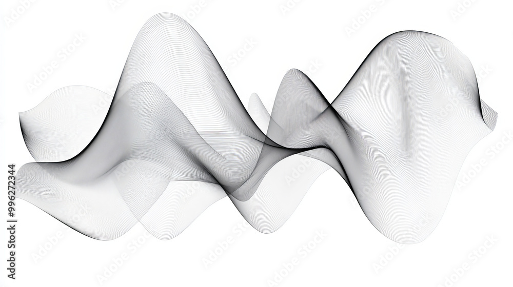 A vector illustration of an undulating gray wave swirl, representing a frequency soundwave. The design features twisted curve lines with a smooth blend effect, creating a dynamic and flowing appearanc A vector illustration of an undulating gray wave swirl, representing a frequency soundwave. The design features twisted curve lines with a smooth blend effect, creating a dynamic and flowing appearanc