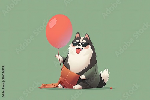 a illustrations digital art style of fat and cute floating husky , holding balloon , husky is floating from the ground , mute green palatte pastel background , minimal , puppy  with generati ai photo