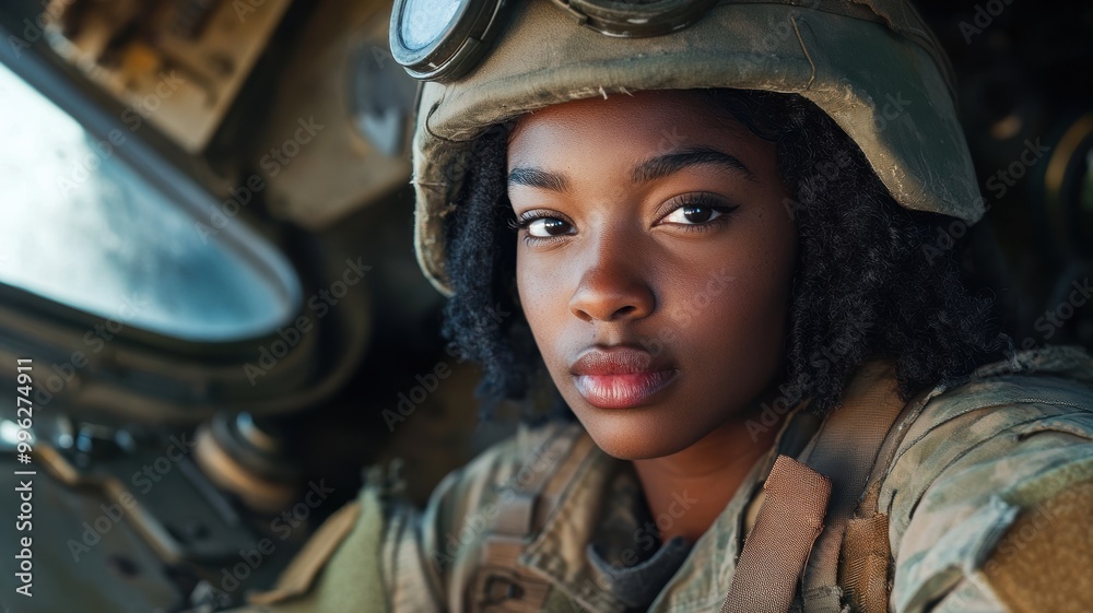 A focused female soldier sits inside a military vehicle, wearing tactical gear and a helmet, showcasing readiness and determination during a mission. A focused female soldier sits inside a military vehicle, wearing tactical gear and a helmet, showcasing readiness and determination during a mission.