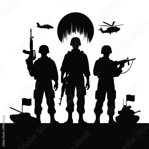 Silhouette of Three Soldiers with Military Vehicles and Aircraft