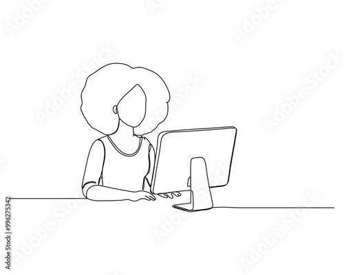 Simple line drawing of a person sitting at a desk using a laptop, Modern work and study environments using technology