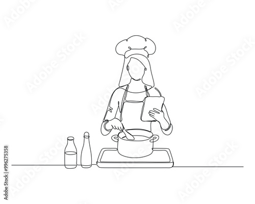 Simple line drawing of a chef wearing a hat and apron, stirring a pot on a stove while holding a tablet, representing modern culinary arts and cooking.