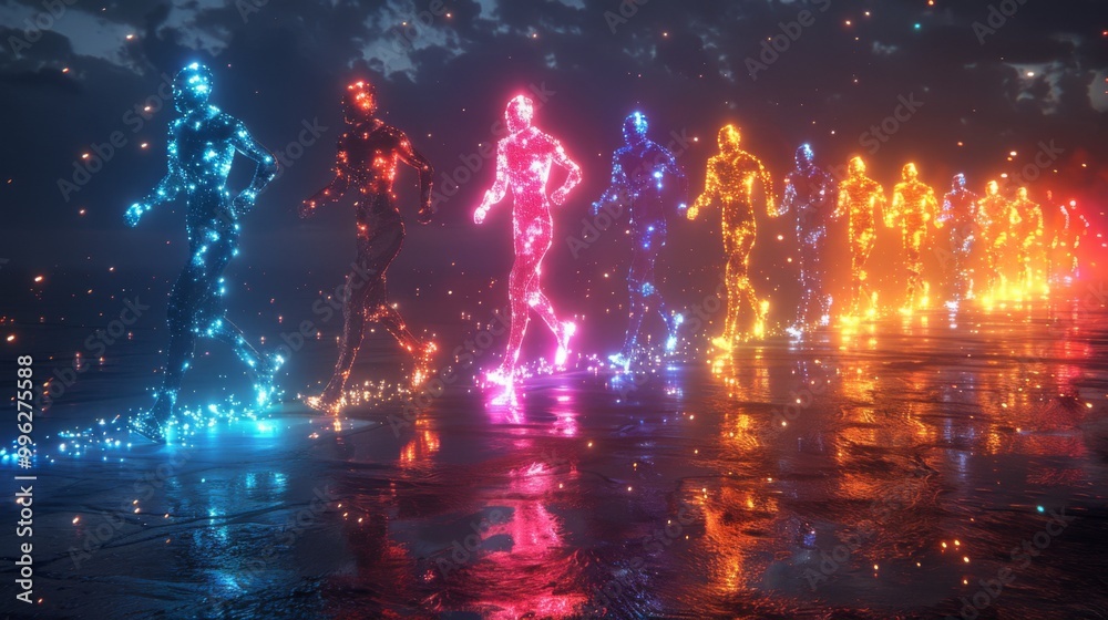 Fototapeta premium Design a series of neon athlete symbols, including illuminated runners