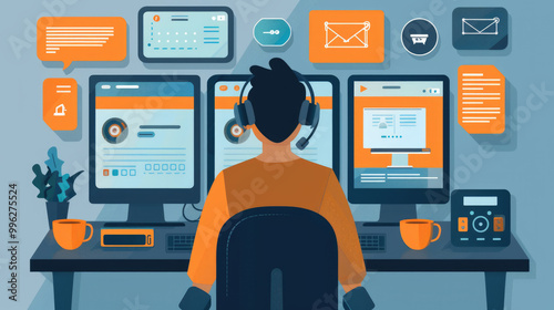 Man Wearing Headphones at Computer Monitor in office blurred background rear view illustration