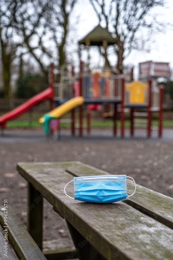 A discarded blue mask on a bench in a playground with slides in the background. A discarded blue mask on a bench in a playground with slides in the background.