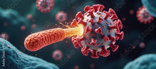 A 3D rendered illustration depicting immune system cells battling bacterial invaders photo