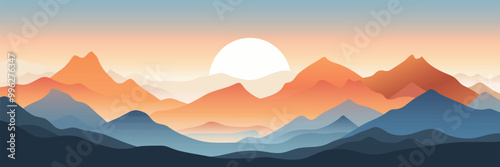 	
Minimalistic stylized landscape, mountain sunrise and sun, vector illustration, panoramic view	
