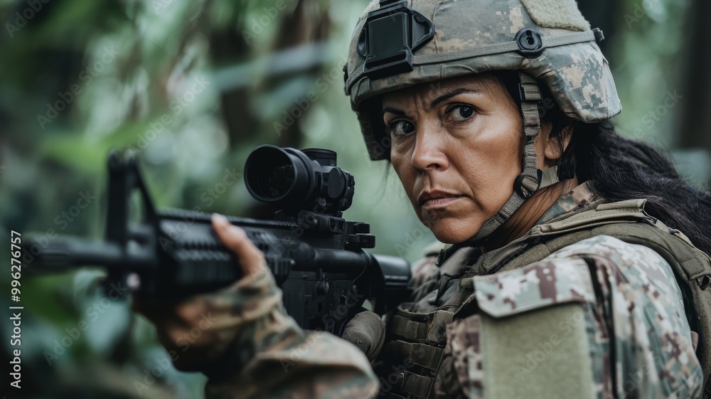 Fototapeta premium A determined female soldier in military gear aims her rifle in a dense jungle setting, ready for combat.