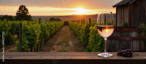 Serene Sunset over Vineyard Relaxing Glass of Rose Wine amidst Grapes  Barrels