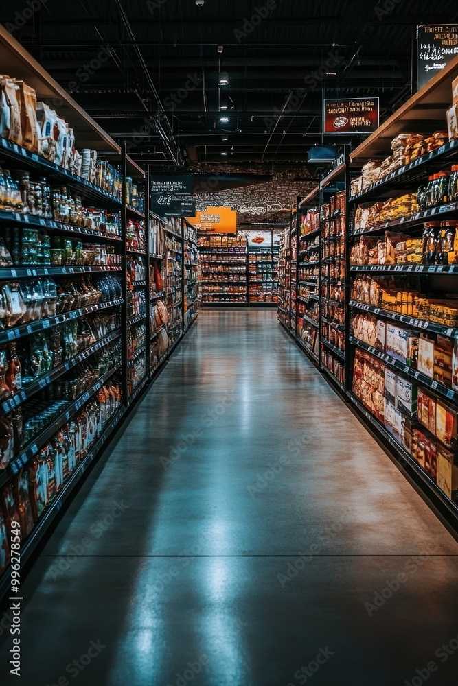 A grocery store aisle filled with various products on shelves, showcasing shopping options. A grocery store aisle filled with various products on shelves, showcasing shopping options.