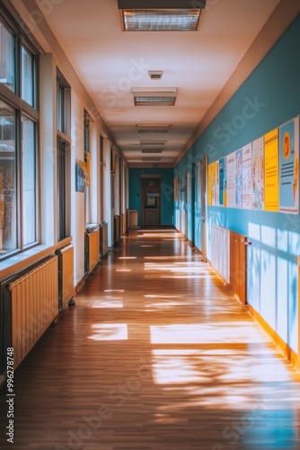 A bright corridor with wooden flooring and colorful wall displays.