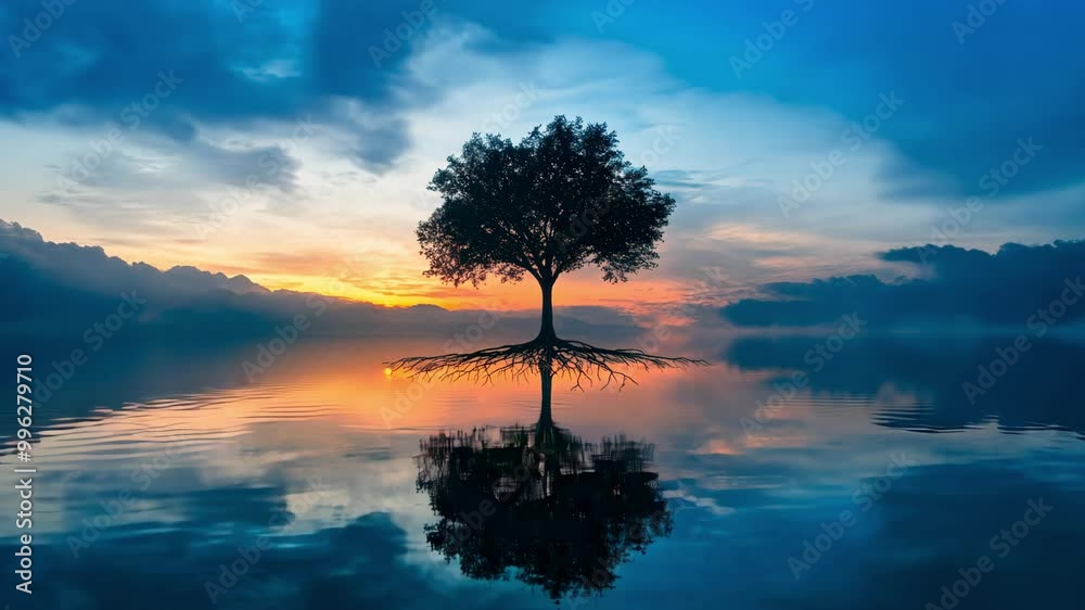 A tree and reflection on the water at dusk