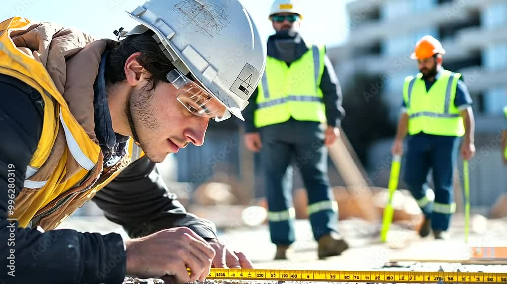 A manual worker, wearing a safety helmet, measures materials with a tape measure at a construction site, highlighting the importance of safety and precision in construction