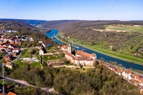 Aerial view, Rothenfels Castle, Rothenfels am Main, Spessart, Franconia, Bavaria, Germany, photo