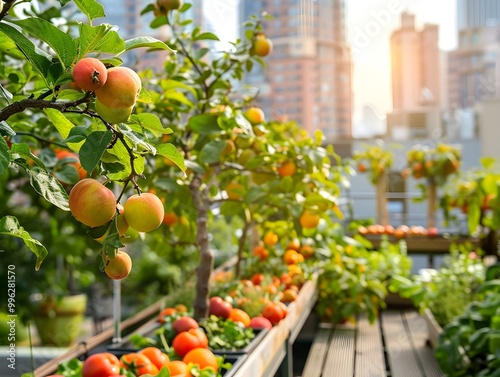 Rooftop Orchard with Dwarf Fruit Trees Providing Fresh Produce for Urban Dwellers photo