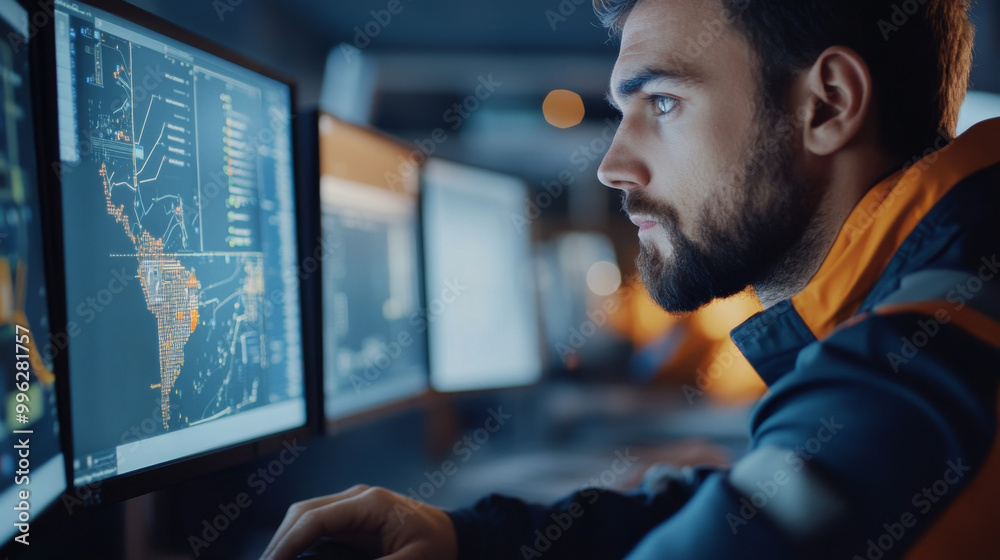 Close-up of a logistics specialist using an advanced air freight tracking software, with a focus on real-time data and shipment statuses Close-up of a logistics specialist using an advanced air freight tracking software, with a focus on real-time data and shipment statuses
