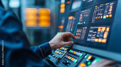 A close-up of a hand operating a control panel with illuminated buttons, showcasing modern technology in action.