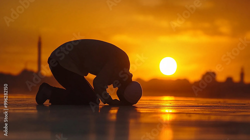 Fototapeta Naklejka Na Ścianę i Meble -  A Muslim man kneeling in prayer with the sunset in the background.