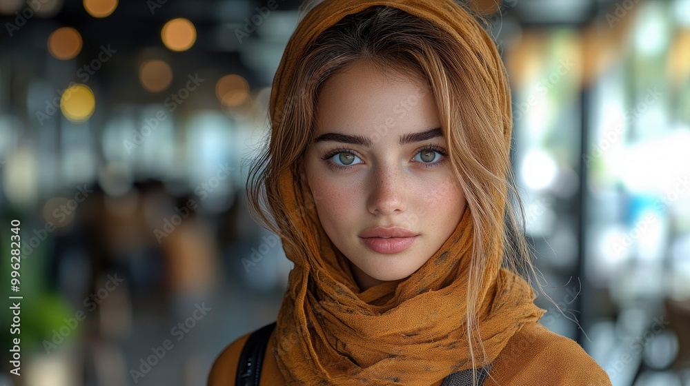 Fototapeta premium Beautiful Young Woman with Blonde Hair and Green Eyes Wearing a Scarf
