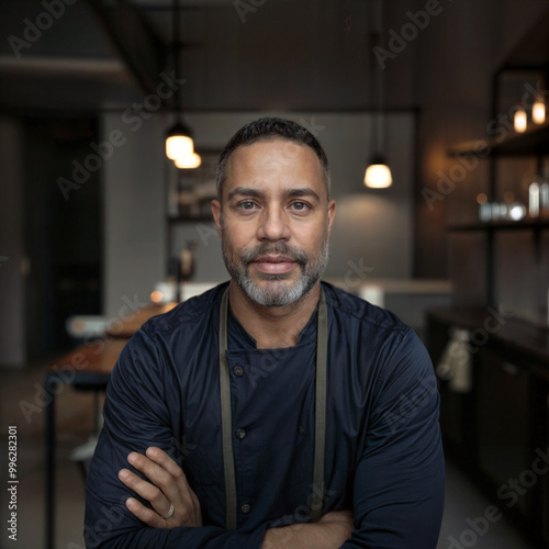 Portrait of an Afro-American chef in a modern restaurant kitchen