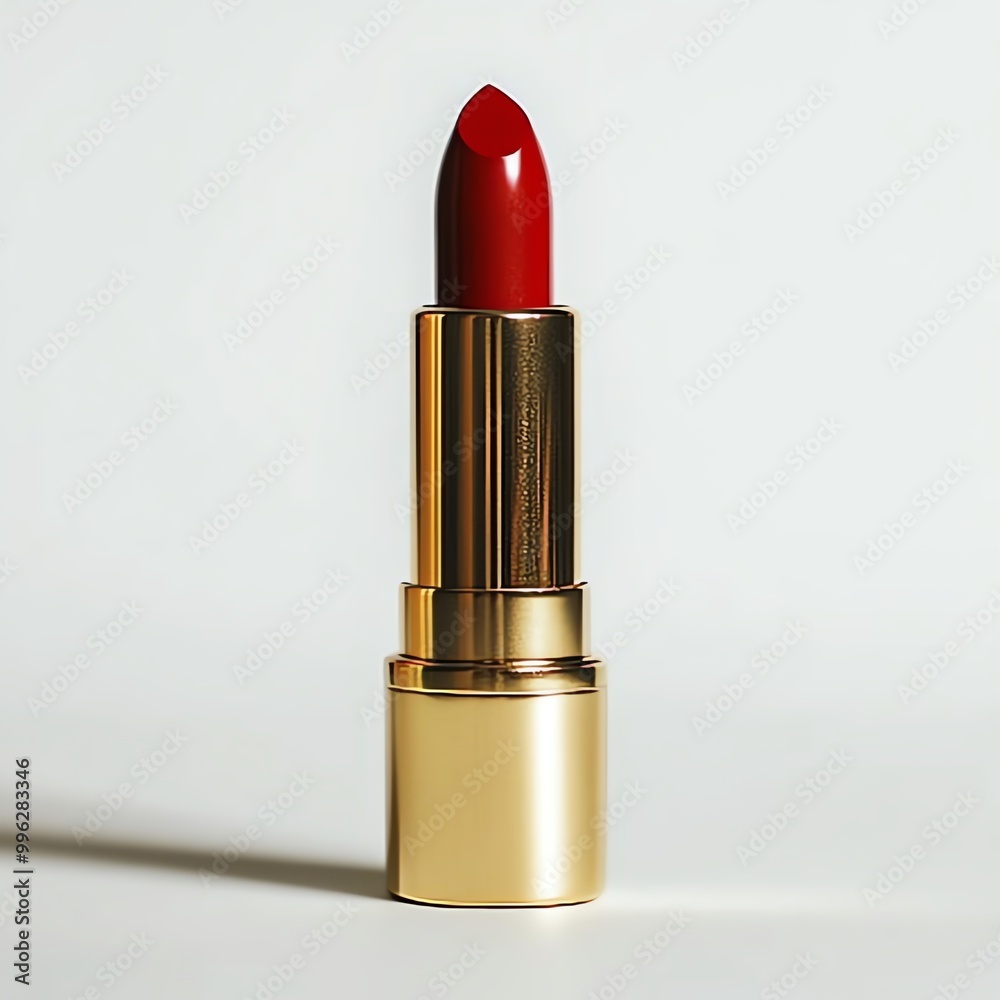 Red lipstick with elegant golden casing on a white isolated background. Red lipstick with elegant golden casing on a white isolated background.
