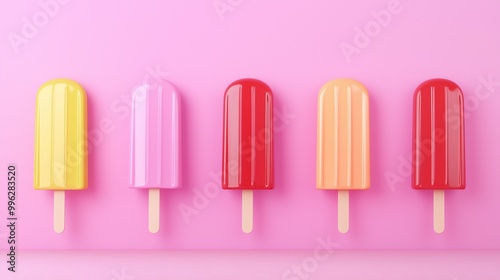 Colorful popsicles arranged neatly on a pink background, perfect for summer treats and refreshing desserts.