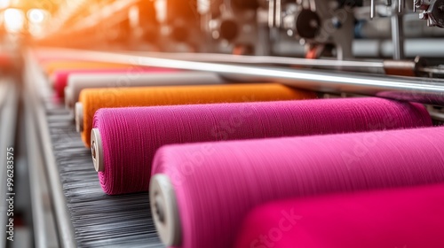 Colorful spools of thread lined up in a textile factory, showcasing vibrant hues for fabric production. photo