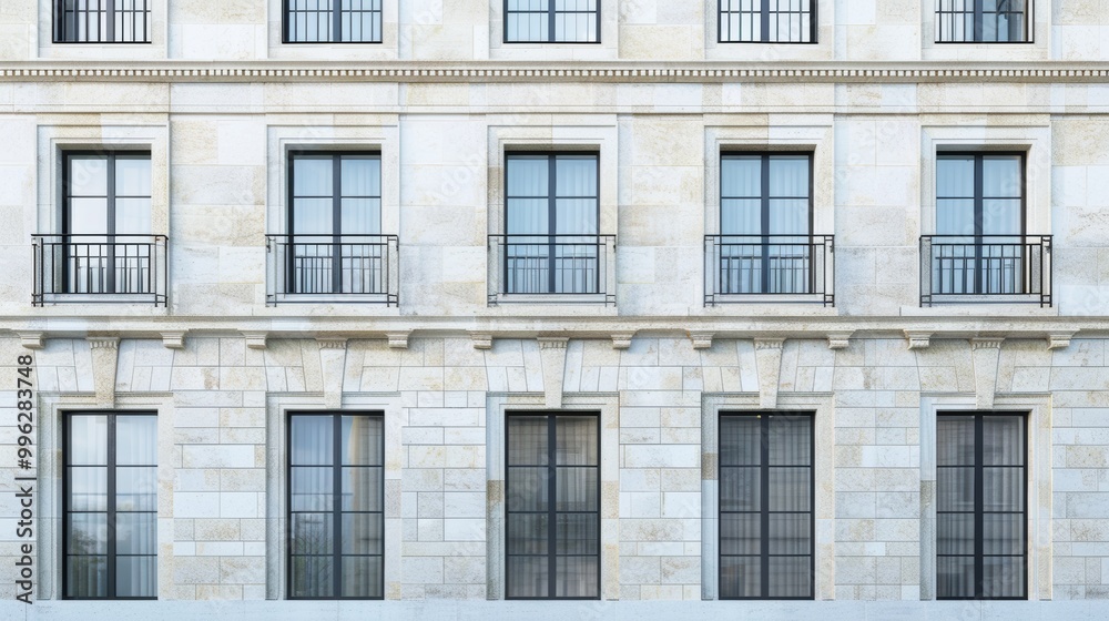 Modern Parisian building facade, minimalist design, full wall with windows and doors, sunny afternoon, tranquil atmosphere, no people around. Modern Parisian building facade, minimalist design, full wall with windows and doors, sunny afternoon, tranquil atmosphere, no people around.
